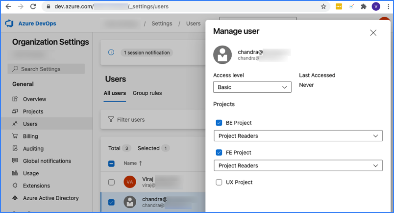 Permissions for an Azure DevOps user who can access two projects and can't access a third project